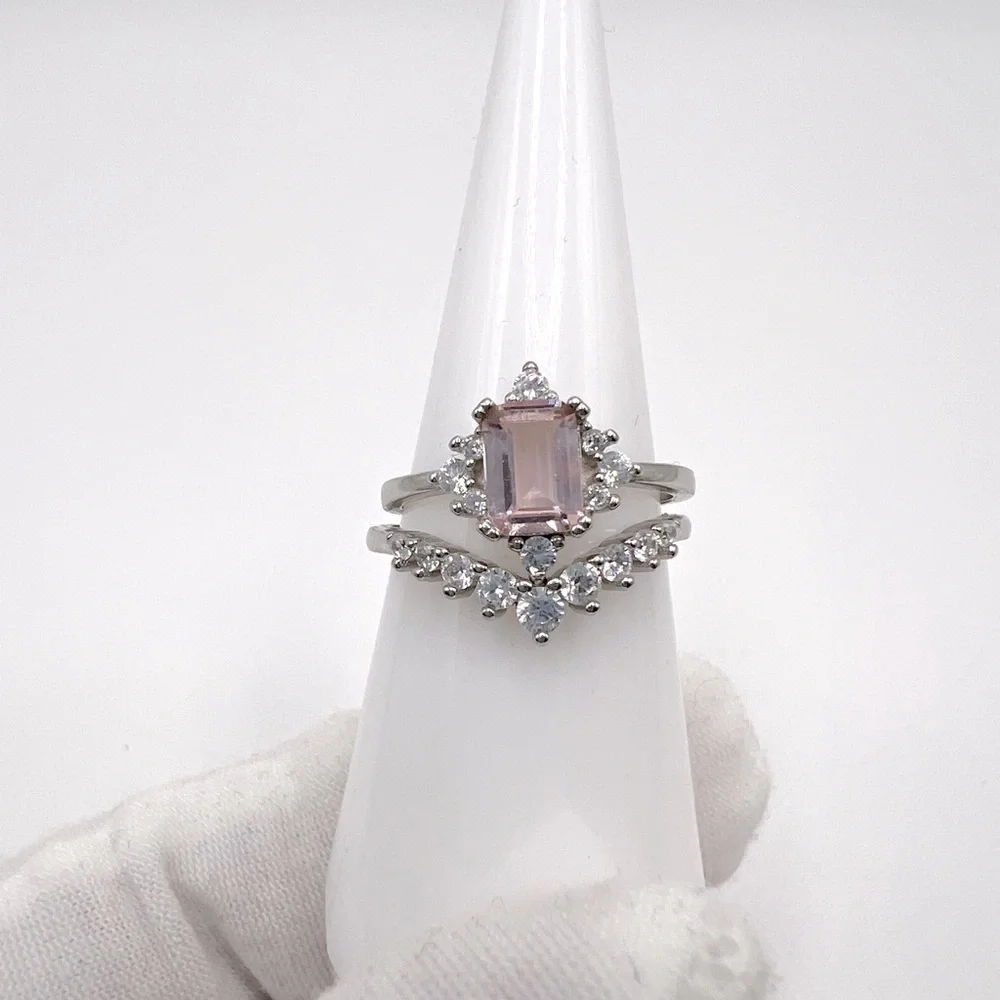 .925 Sterling Silver Light Morganite Cz & Clear Cz 2 PC Ring Set - Picture 3 of 17